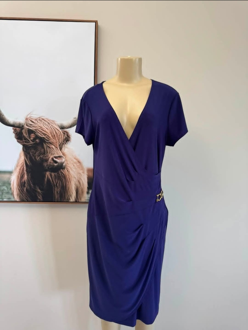 V-Neck Faux-Wrap Dress in Deep Purple with Subtle Side Accent